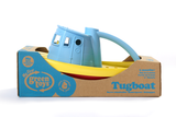 Green Toys Tugboat in product packaging (Colors: blue handle, yellow & red hull) (Side View)