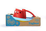 Green Toys Tugboat in product packaging (Colors: red handle, yellow & blue hull) (Side View)