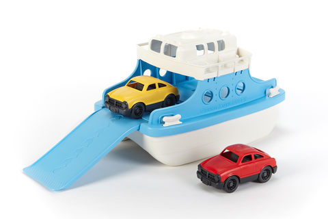 Green Toys Ferry Boat and Mini Cars (Colors - Ferry Boat: white & light blue; Mini Cars: 1 red & 1 yellow) (Front/Side View)