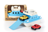 Green Toys Ferry Boat and Mini Cars (Colors - Ferry Boat: white & light blue; Mini Cars: 1 red & 1 yellow) (Front/Side View) Placed in front of a second Ferry Boat and Mini Cars in product packaging