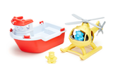 Green Toys - Rescue Boat & Helicopter (COLORS - Rescue Boat: Red & White; Helicopter: Yellow; Bear Captain: light blue; Duck Captain: yellow) (Front view Rescue Boat and Helicopter placed next to each other, with included toy duck captain standing beside rescue boat and toy bear captain sitting in helicopter)