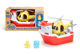 Green Toys - Rescue Boat & Helicopter (COLORS - Rescue Boat: Red & White; Helicopter: Yellow; Bear Captain: light blue; Duck Captain: yellow) (Front view of Rescue Boat and Helicopter in packaging, next to a second Rescue Boat and Helicopter unpackaged)