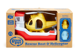 Green Toys - Rescue Boat & Helicopter (COLORS - Rescue Boat: Red & White; Helicopter: Yellow; Bear Captain: light blue; Duck Captain: yellow) (Front view of Rescue Boat and Helicopter in packaging along with toy Bear and Duck Captains)