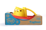 Green Toys Tugboat in product packaging (Colors: Yellow handle, blue & red hull) (Side View)