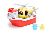 Green Toys - Rescue Boat & Helicopter (COLORS - Rescue Boat: Red & White; Helicopter: Yellow; Bear Captain: light blue; Duck Captain: yellow) (Front view with included toy animals standing beside rescue boat and helicopter)